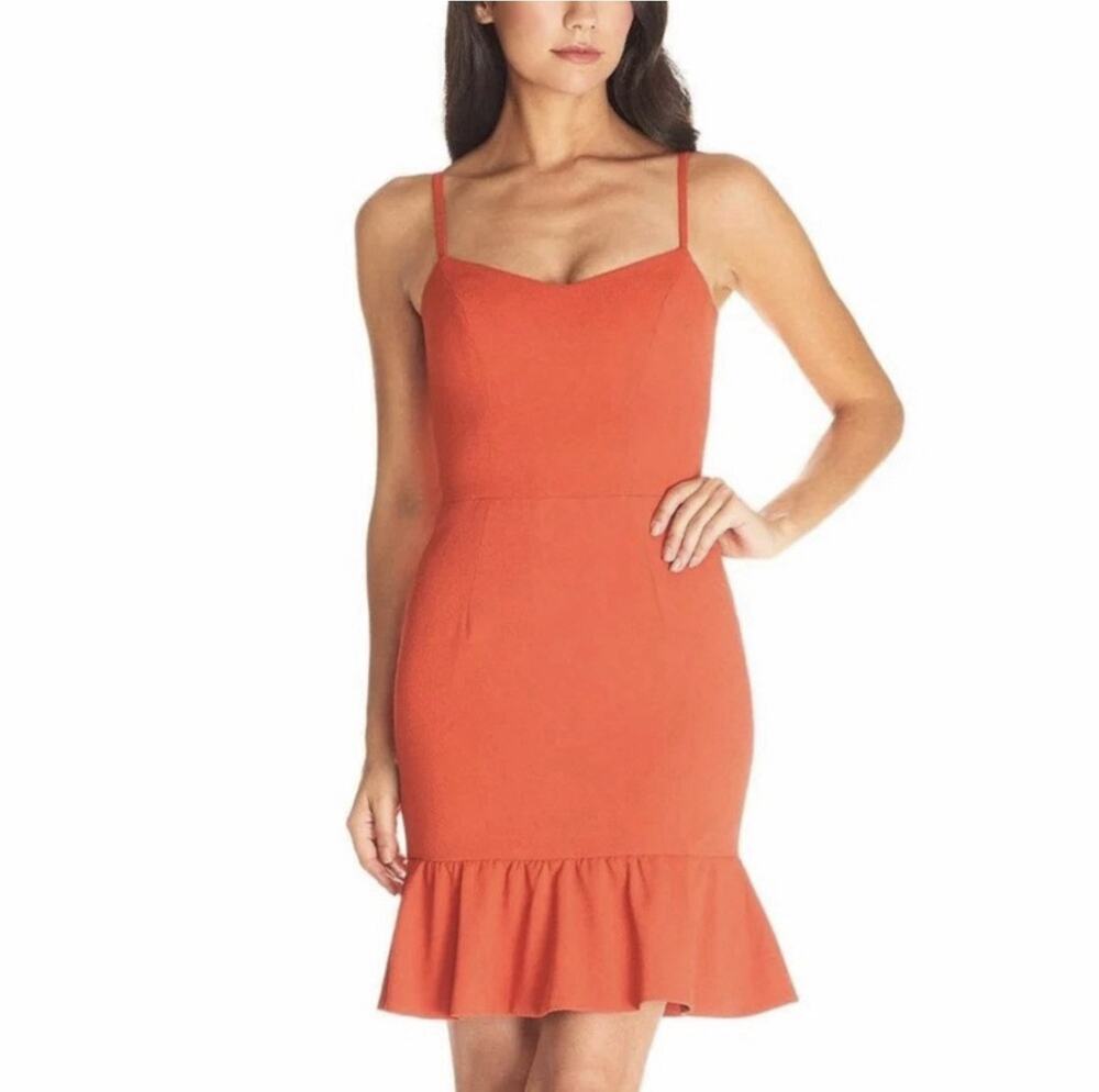 Dress the Population Mira Mini Dress Size L Orange Sleeveless Ruffle Hem Stretch